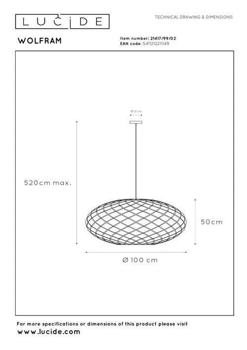 Lucide WOLFRAM - Pendelleuchten - Ø 100 cm - 3xE27 - Mattes Gold / Messing - technisch